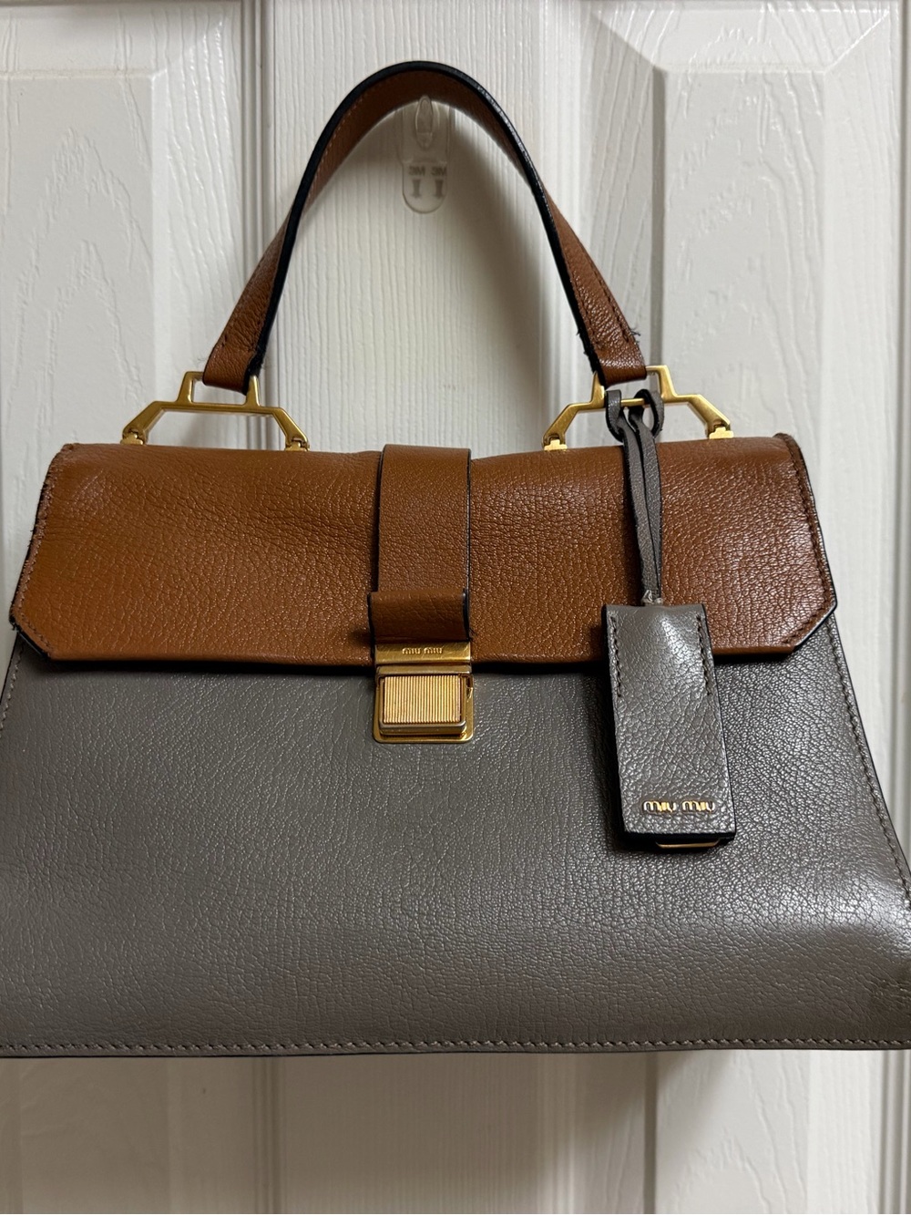 Miu Miu Two-Tone Leather Top Handle Satchel in Brown and Gray